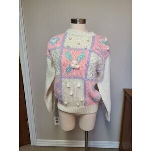 Vintage 90s pastel bauble bobble knit sweater with floral details Large